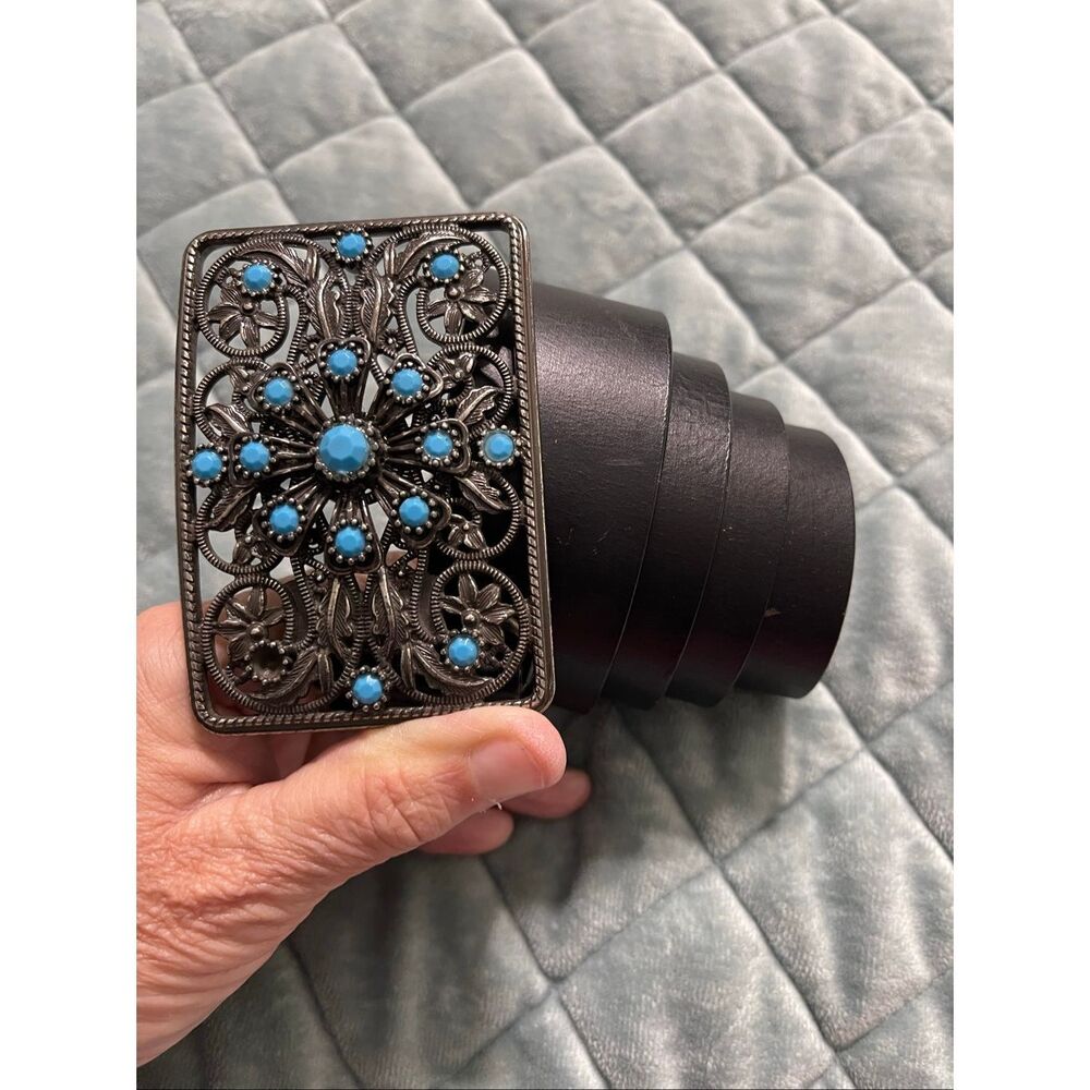 Western Style Filigree Faux Turquoise Silver Black Western Cowgirl Belt Size Med